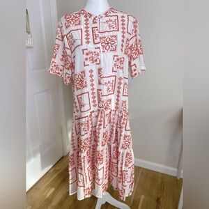Poetry 100% Cotton Bohemian Patchwork White w Poppy Red Embroidery Midi Size 12